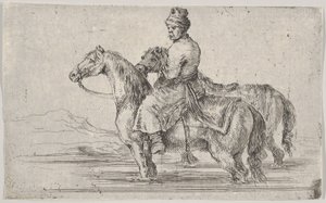Um manobrista levando dois cavalos para tomar banho, sentado em cima de um cavalo em um rio, o outro ao lado..., ca. 1662. de Stefano della Bella