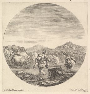 Uma mulher carregando uma criança ao centro, vista por trás, outra mulher à direita, de frente..., ca. 1643-48. de Stefano della Bella