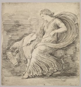 Uma mulher de perfil puxando uma corda amarrada em torno dos chifres de um touro jovem, ca. 1660 de Stefano della Bella
