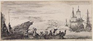 Carregamento de vários navios: à esquerda, cais de carga com posto de guarda e estivadores a descarregar um barco de Stefano della Bella