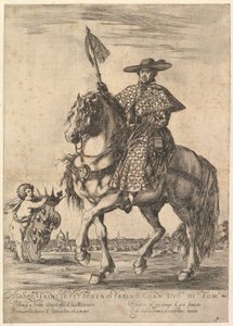 Bernardino Ricci, chamado il Tedeschino, em cima de um cavalo no centro, cavalgando para a esquerda, w..., 1637.