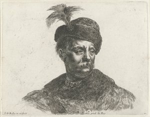 Busto de um homem polonês com bigode e chapéu com pluma O básico do desenho (título da série) I principii del disegno (título da série) de Stefano della Bella