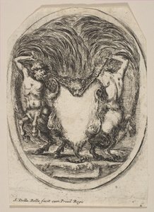 Cartela formada por uma pele de tigre ladeada por dois centauros, 1647. de Stefano della Bella
