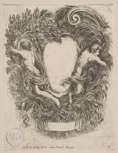 Cartouche emoldurado por Apollo e Pan, 1647. de Stefano della Bella