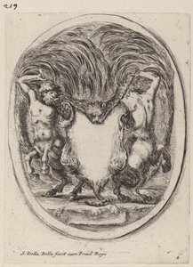 Cartouche na forma de um tigre esfolado apoiado por centauros de Stefano della Bella