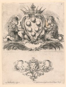 Brasão do Grão-Duque da Toscana: Ornamento com Máscara de Leão, nº 6 da "Coleção de vários caprichos e nove invenções de pastas e ornamentos" de Stefano della Bella