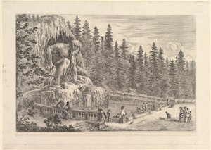 Estátua colossal do Appenino de Giambologna para a esquerda, representada como um agachamento gigante ..., ca. 1653 de Stefano della Bella