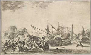 Combate entre vários barcos a remos e navios, dois grupos de homens em barcos a remos lutando para a esquerda ..., 1639. de Stefano della Bella