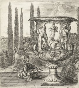 O jovem Cosimo III de Medici assina o vaso de Medici
Romae, in hortis Medicaeis marmoreum eximium (título sobre o objecto)
Vistas de Roma e arredores (título da série)
Six grandes vues, dont quatre de Rome et deux de la Campagne romaine (título da série de Stefano della Bella