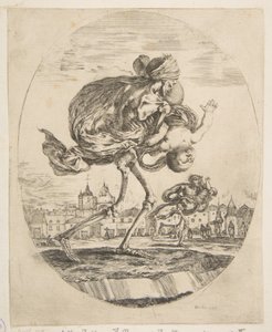 Morte carregando um bebê, das cinco mortes Les cinq Morts, ca. 1648 de Stefano della Bella