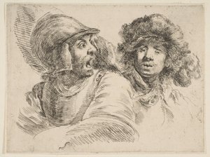 Soldado assustado e um homem com um chapéu de pele, ca. 1652 de Stefano della Bella
