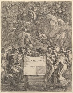 Frontispício para As obras de Scarron uvres de Scarron, o poeta sentado em uma cadeira ..., 1649. de Stefano della Bella