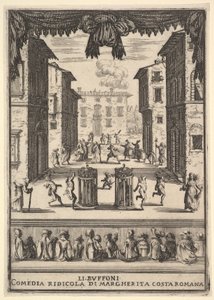Frontispício da comédia The Buffoons Li Buffoni, um cenário no palco que lembra um pu ..., 1639-41. de Stefano della Bella