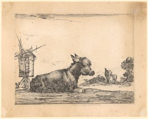 Burro deitado junto a um moinho de vento de Stefano della Bella
