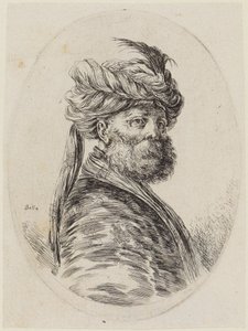 Várias cabeças penteadas ao estilo persa (Plusieurs têtes coiffées à la persienne): busto de um turco barbudo, numa perspetiva de três quartos, virado para a direita de Stefano della Bella