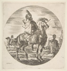 Cavaleiro mourisco de perfil voltado para a direita, um escravo negro segurando um pelo à direita, outro ..., ca. 1651 de Stefano della Bella