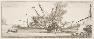 Combate naval, um navio ao centro, visto de trás, disparando contra quatro navios inimigos, outro ..., ca. 1641. de Stefano della Bella