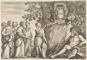 Ornamento para uma tese, o brasão Strozzi na parte superior, ca. 1660 de Stefano della Bella