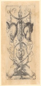 Painel ornamental com duas cabeças de porco-do-vento na parte superior, duas cabeças de veado na parte inferior e um chifre no centro, folha 8 da série «Ornamentos ou Grotescos» de Stefano della Bella
