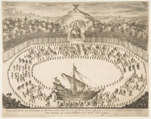Carro alegórico em forma de navio, brasão de armas do Grão-Duque de Modena no topo, 1652. de Stefano della Bella