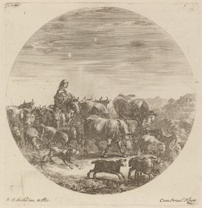 Camponês sentado em um cavalo com vacas, ovelhas e cabras de Stefano della Bella