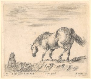 Cavalo de perfil voltado para a esquerda, à esquerda um cavaleiro noutro cavalo de Stefano della Bella