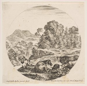 Placa 10: um cavalo deitado ao centro, uma vaca e duas cabras à direita, dois pastores sentados..., ca. 1646. de Stefano della Bella