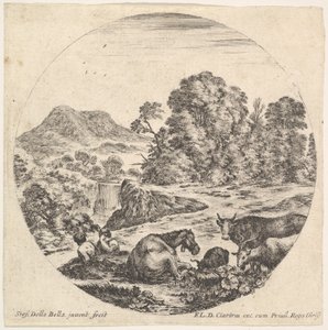 Ilustração 10: um cavalo deitado no centro, uma vaca e duas cabras à direita, duas sentadas sh ..., ca. 1643-48. de Stefano della Bella