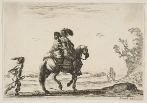 Ilustração 10: um cavaleiro e uma mulher, vistos por trás, cavalgando para a direita com um jovem ..., 1642. de Stefano della Bella
