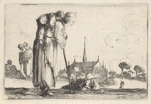 Ilustração 10: uma camponesa virada para a direita com uma criança nas costas, um menino lyi ..., ca. 1642 de Stefano della Bella