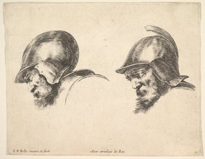 Ilustração 10: duas cabeças de velhos soldados usando capacete, ambos voltados para a esquerda e olhando para baixo ..., ca. 1641 de Stefano della Bella