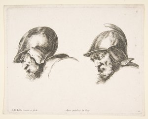 Ilustração 10: duas cabeças de velhos soldados usando capacete, ambos voltados para a esquerda e olhando para baixo ..., ca. 1641 de Stefano della Bella