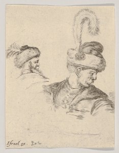 Ilustração 11: um busto polonês de perfil, virado para a direita, outra cabeça polonesa vista de ..., ca. 1649 de Stefano della Bella