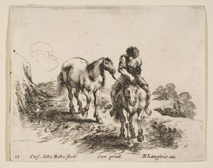 Ilustração 11: um jovem cavaleiro, visto de frente, conduzindo outro cavalo, de Diver ..., ca. 1644-47. de Stefano della Bella