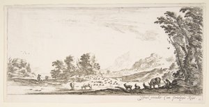 Ilustração 11: pastora sentada à direita debaixo de uma árvore, observando-a rebanho para a esquerda ..., ca. 1641 de Stefano della Bella
