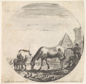 Ilustração 11: a pirâmide de Caius Cestius à direita no fundo, um cavalo pastando ..., ca. 1643-48. de Stefano della Bella
