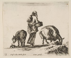 Ilustração 13: uma camponesa, vista de trás, segurando uma cesta no centro, um burro ..., ca. 1644-47. de Stefano della Bella