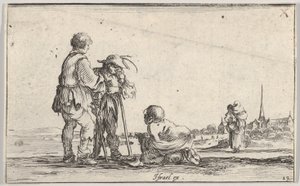 Gravura 13: dois camponeses à esquerda, um aleijado ajoelhado no chão ao centro, um..., ca. 1642. de Stefano della Bella