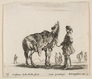 Ilustração 15: um nobre polonês, de costas, segurando o cavalo coberto de pele de leopardo ..., ca. 1644-47. de Stefano della Bella