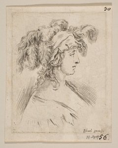 Ilustração 15: busto de uma jovem mulher de perfil, usando um chapéu coberto de penas, de ..., ca. 1649 de Stefano della Bella