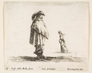 Ilustração 17: um homem com um chapéu de plumas no centro virado para a direita, uma mulher caminhando em direção a..., ca. 1644-47. de Stefano della Bella