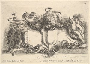 Placa 18: uma cartela contendo uma crista vazia, duas leoas, uma à esquerda e outra no cen..., 1646. de Stefano della Bella