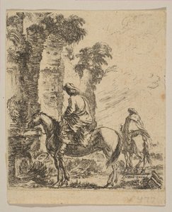 Ilustração 19: Paisagem com um Cavalier que rega seu cavalo em uma fonte, de Various fi ..., ca. 1646 de Stefano della Bella