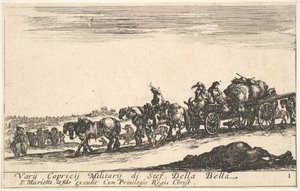 Ilustração 1: Uma carroça puxada a cavalo carregando pessoas e mercadorias, cavalo morto em primeiro plano, f ..., ca. 1641 de Stefano della Bella