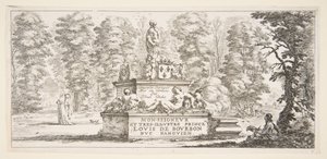 Ilustração 1: um monumento com estátuas e um brasão de armas no centro, um draughstman em th ..., ca. 1643 de Stefano della Bella