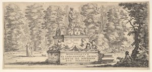 Ilustração 1: um monumento com estátuas e um brasão de armas no centro, um draughstman em th ..., ca. 1641 de Stefano della Bella