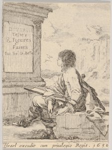 Ilustração 1: um jovem sentado em uma pedra, voltado para a esquerda de perfil, segurando uma prancheta em ..., 1650. de Stefano della Bella