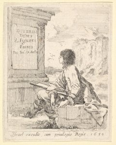 Ilustração 1: um jovem sentado em uma pedra, voltado para a esquerda de perfil, segurando uma prancheta em ..., 1650. de Stefano della Bella