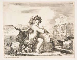 Ilustração 1: o gênio do desenho, uma criança com asas, sentada em uma pedra no centro da curva ..., ca. 1641-43.