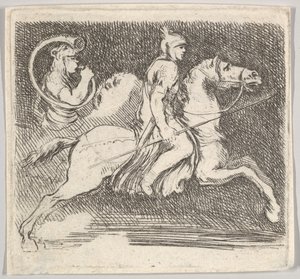 Ilustração 20: um soldado de perfil galopando para a direita segurando uma lança na mão direita..., c. 1646. de Stefano della Bella